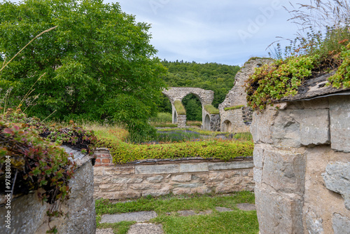 A majestic stone archway, heavily weathered by time, stands as a solitary sentinel amidst lush greenery at the historic Alvastra Monastery. photo