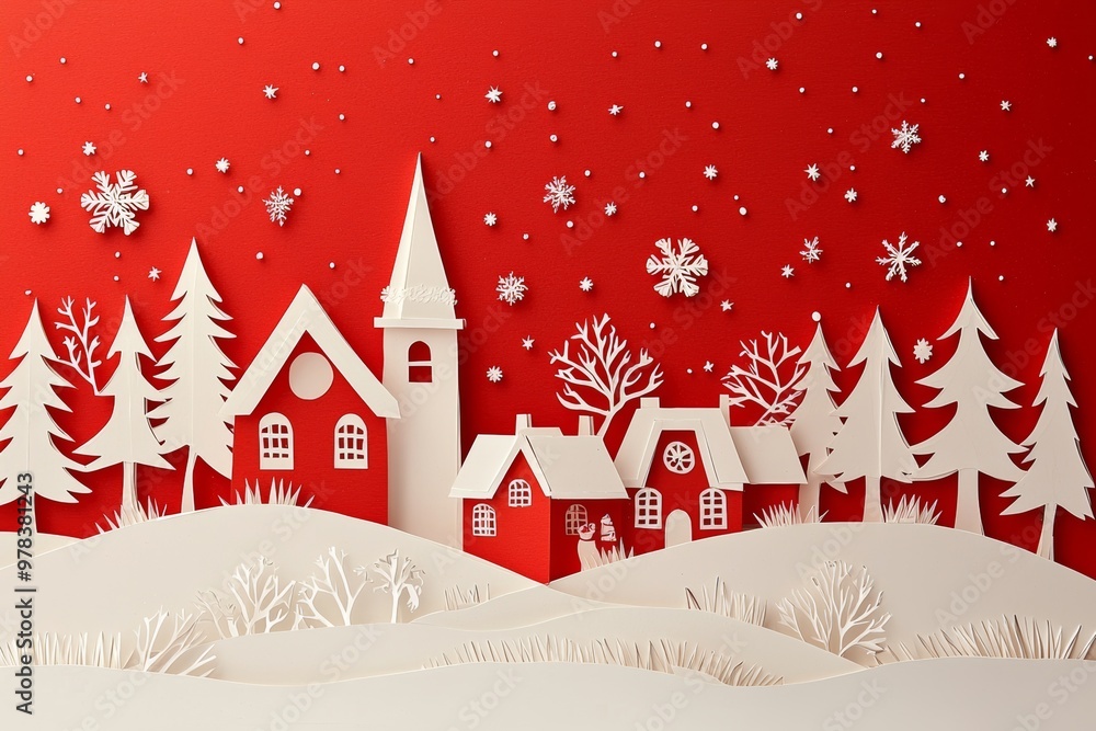 Naklejka premium red and white paper cut Christmas village under a starry sky. of the holiday season.