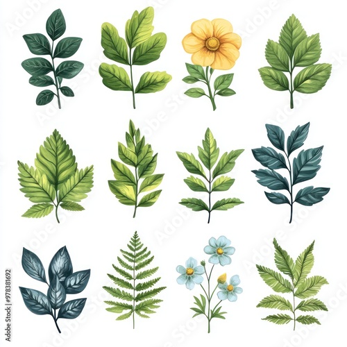 Illustration of Different Green Leaves and Yellow and Blue Flowers