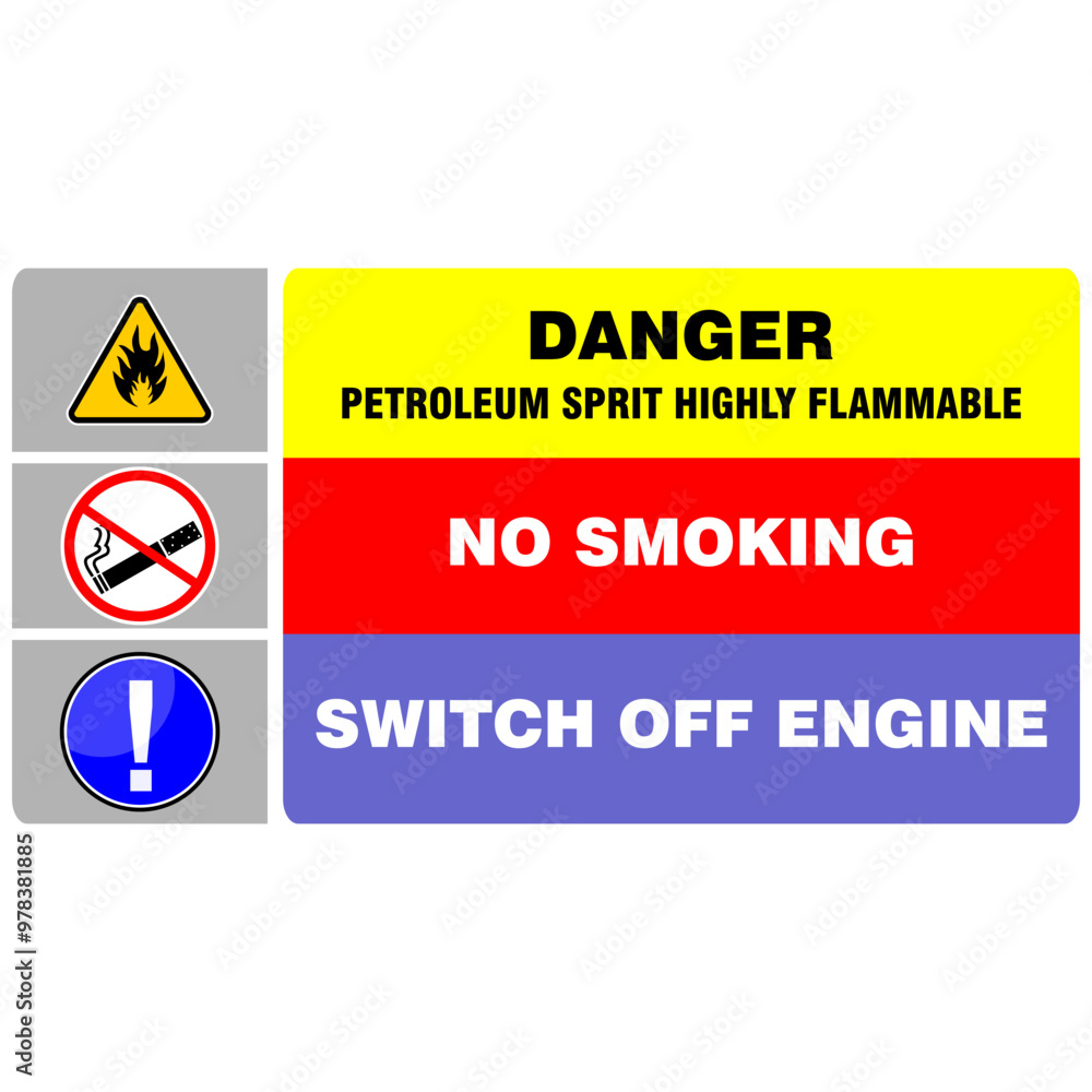 Petroleum spirit highly, no smoking, switch off engine, sign vector Petroleum spirit highly, no smoking, switch off engine, sign vector