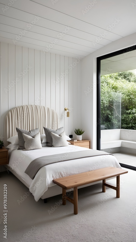 Fototapeta premium minimalist bedroom with a clean and serene aesthetic. The room features a large bed with a unique, curved headboard upholstered in a light, textured fabric