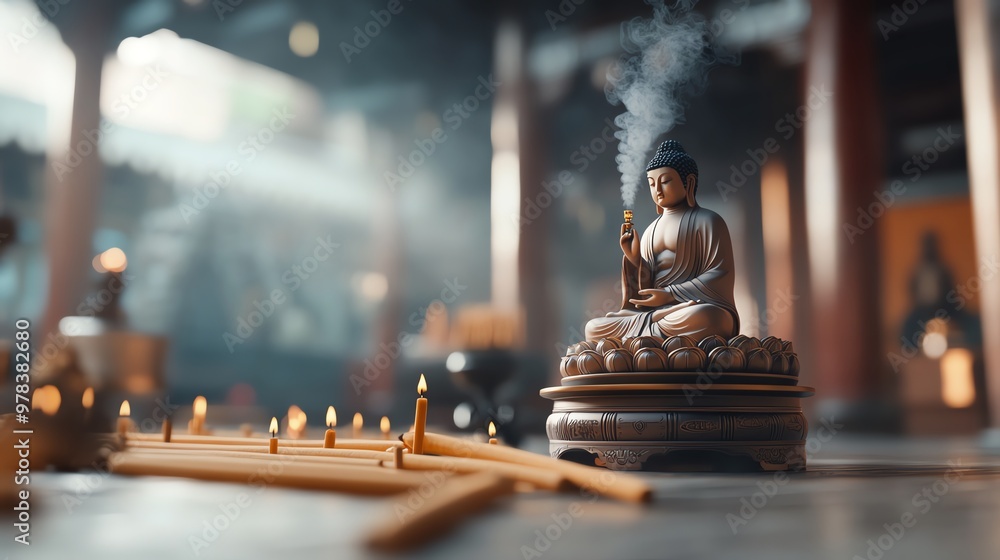A serene Buddha statue surrounded by incense and candles, evoking peace and tranquility in a meditative space. A serene Buddha statue surrounded by incense and candles, evoking peace and tranquility in a meditative space.