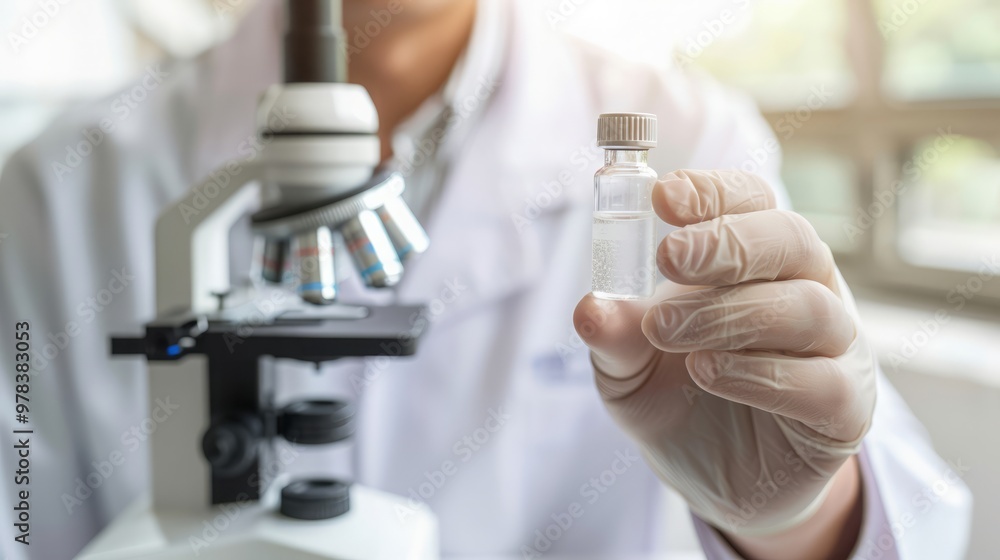 Scientist in lab coat holding vial of experimental drug, withmicroscope and scientific eauipment, symbolizing drug trials and medical researchprocess. Scientist in lab coat holding vial of experimental drug, withmicroscope and scientific eauipment, symbolizing drug trials and medical researchprocess.