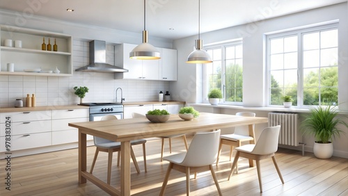 Modern kitchen table in bright room with blank white space, perfect for text overlays or product placement, [kitchen table copy space], [modern kitchen design]