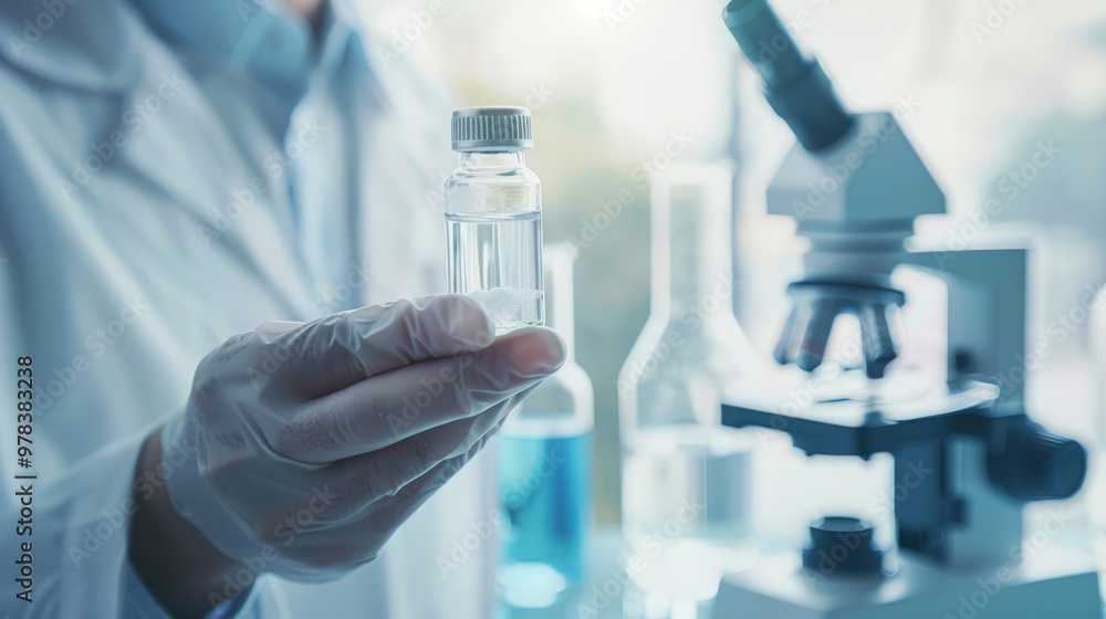 Scientist in lab coat holding vial of experimental drug, withmicroscope and scientific eauipment, symbolizing drug trials and medical researchprocess. Scientist in lab coat holding vial of experimental drug, withmicroscope and scientific eauipment, symbolizing drug trials and medical researchprocess.