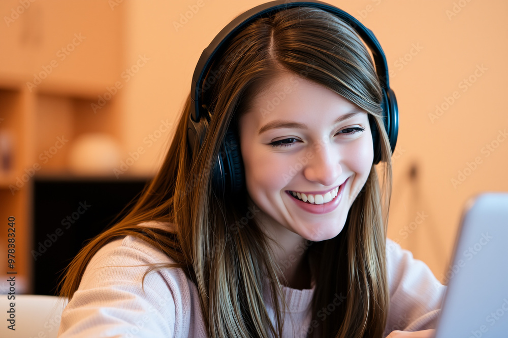 Young Woman Smiling with Headphones in a Relaxed Setting.generative AI Young Woman Smiling with Headphones in a Relaxed Setting.generative AI