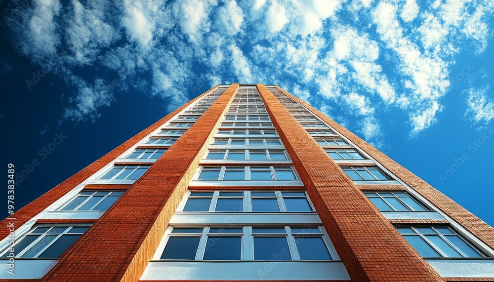 Brick Building with Large Windows Against a Blue Sky Brick Building with Large Windows Against a Blue Sky