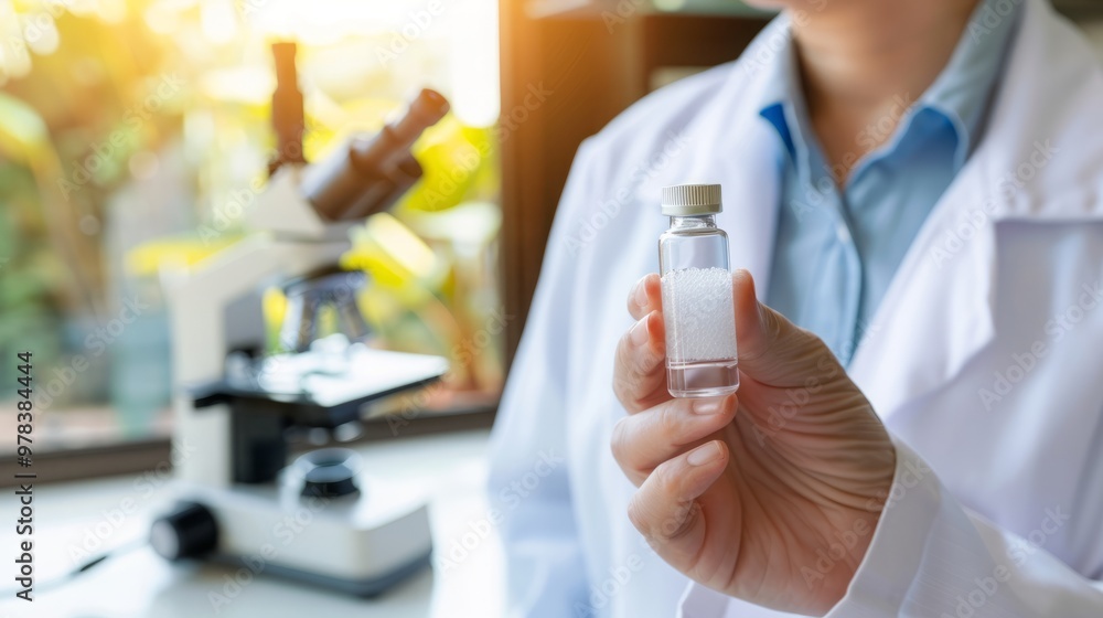 Scientist in lab coat holding vial of experimental drug, withmicroscope and scientific eauipment, symbolizing drug trials and medical researchprocess. Scientist in lab coat holding vial of experimental drug, withmicroscope and scientific eauipment, symbolizing drug trials and medical researchprocess.