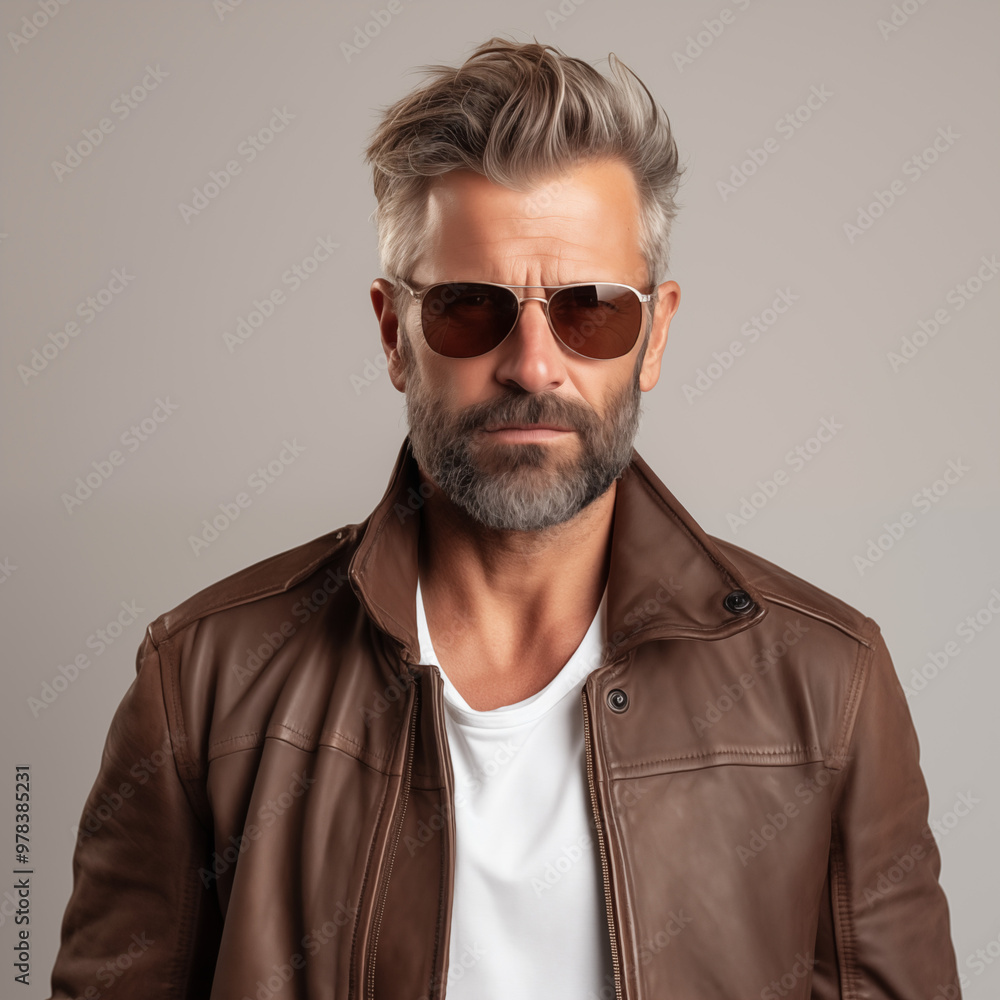 A 45-year-old man, handsome, with a thin beard. Wear sunglasses Wear a white t-shirt Covered with a dark brown leather jacket isolated on white or cream background. A 45-year-old man, handsome, with a thin beard. Wear sunglasses Wear a white t-shirt Covered with a dark brown leather jacket isolated on white or cream background.