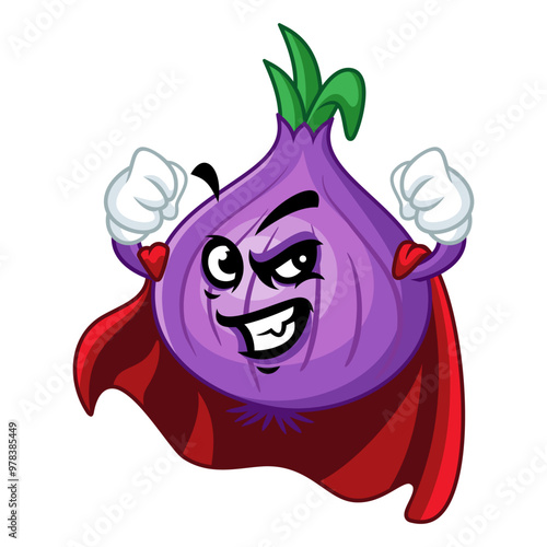 A cartoon purple onion superhero with a red cape, flexing its muscles and showing off its strength.