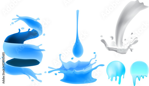 A set of liquid water or milk, both in drop and swirl form, used in graphic design.