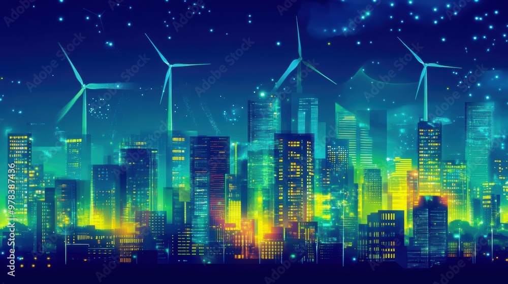 A vibrant city skyline with wind turbines, showcasing a blend of modern architecture and renewable energy under a sparkling night sky. A vibrant city skyline with wind turbines, showcasing a blend of modern architecture and renewable energy under a sparkling night sky.