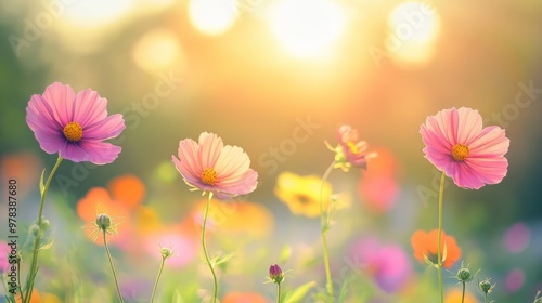 Blooming Cosmos Flowers in Vibrant Garden Under Warm Summer Sunlight