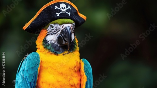 A colorful parrot wearing pirate hat adds playful touch to any scene, showcasing vibrant feathers and unique personality. This charming bird captures attention with its striking appearance and whimsic photo