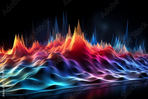 Abstract colorful waveforms resembling sound waves in a digital landscape.