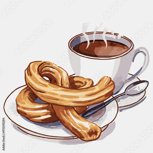 Watercolor Illustration of Churros with Hot Chocolate Cup