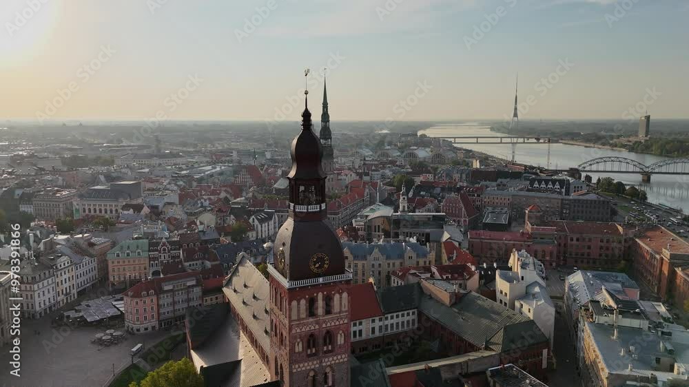Aerial view of Riga Dome Cathedral, Daugava River, Vansu Bridge, historic city center in the afternoon on a summer or autumn day, Latvia, Europe Aerial view of Riga Dome Cathedral, Daugava River, Vansu Bridge, historic city center in the afternoon on a summer or autumn day, Latvia, Europe