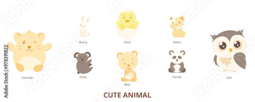 Cute Animal Flat Banner Web Icon Set Vector Illustration, Bunny Kitten Panda Koala Chick Hamster Owl Bear