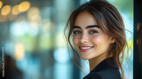 Happy young business woman smiling confidently, showing success and positivity in a professional setting