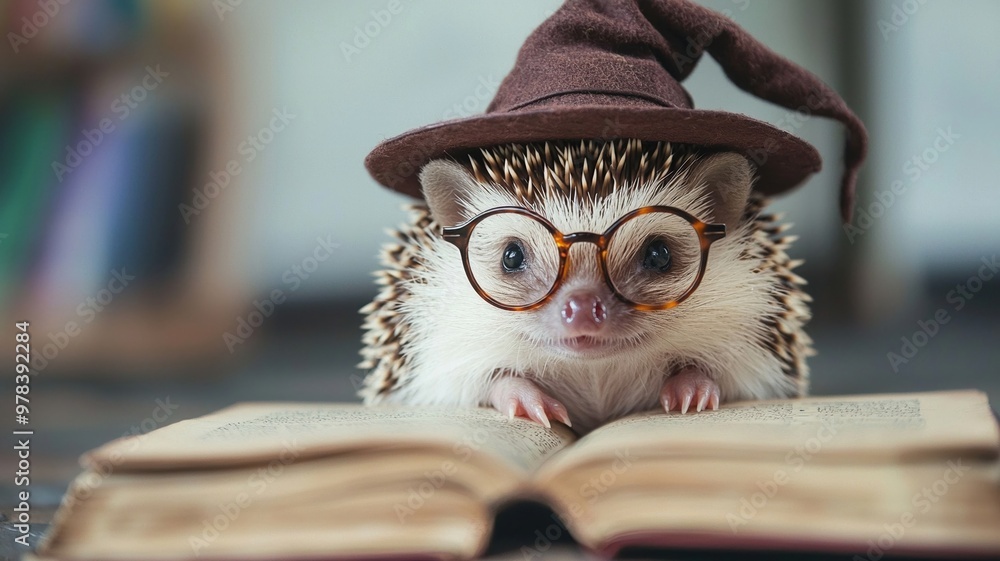A cute hedgehog wearing glasses and wizard hat sits on an open book, creating whimsical and enchanting atmosphere. This charming scene captures imagination and evokes sense of wonder A cute hedgehog wearing glasses and wizard hat sits on an open book, creating whimsical and enchanting atmosphere. This charming scene captures imagination and evokes sense of wonder