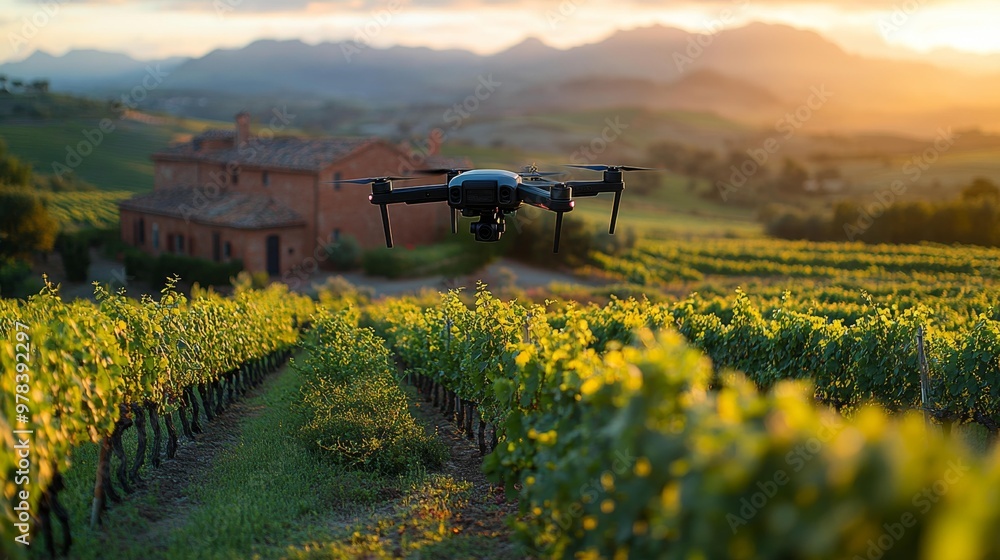 Drone Flying Over Vineyard at Sunset Generative AI Drone Flying Over Vineyard at Sunset Generative AI