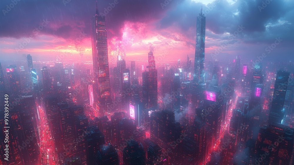 Cyberpunk Cityscape at Dusk with Neon Lights Generative AI Cyberpunk Cityscape at Dusk with Neon Lights Generative AI