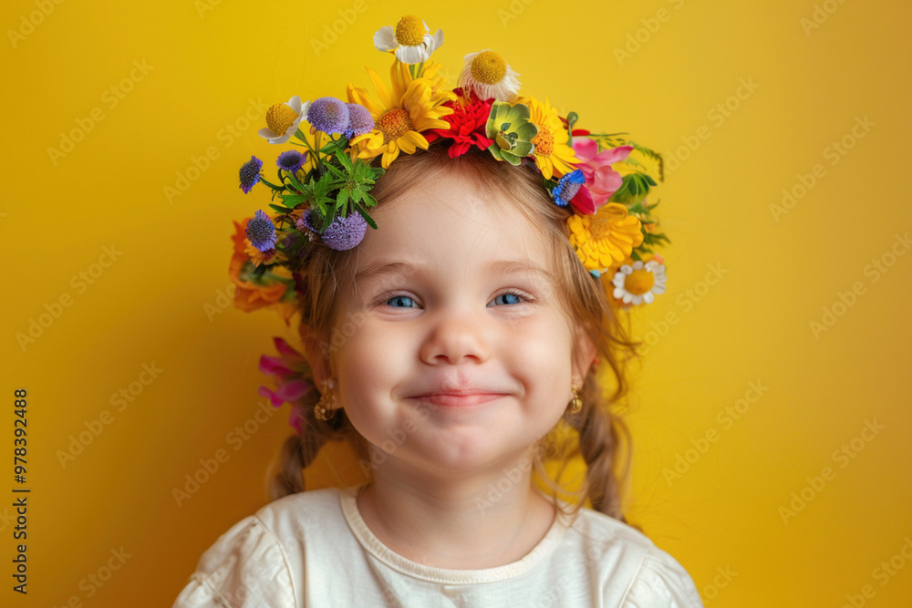 Happy girl with a wreath of colorful beautiful flowers on her head. Spring sale, holidays, portrait of a happy person on yellow studio background concept Happy girl with a wreath of colorful beautiful flowers on her head. Spring sale, holidays, portrait of a happy person on yellow studio background concept