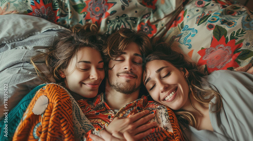 Three friends people lovers embracing lying together in bed. Friendship, happiness togetherness. Ethical non-monogamy polyamory relationship concept.
 photo