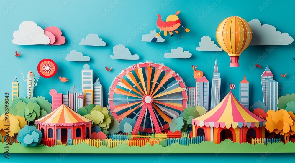 Whimsical City Carnival with Ferris Wheel and Hot Air Balloons in Vibrant Colors Whimsical City Carnival with Ferris Wheel and Hot Air Balloons in Vibrant Colors