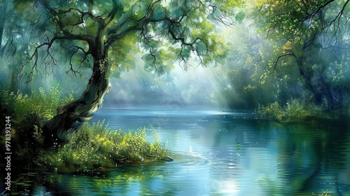 Tranquil Forest Lake with Sunlight Through the Trees