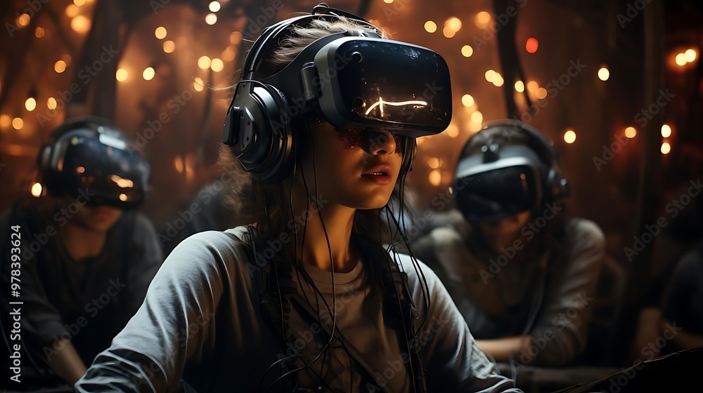 A group of individuals immersed in virtual reality experiences. A group of individuals immersed in virtual reality experiences.