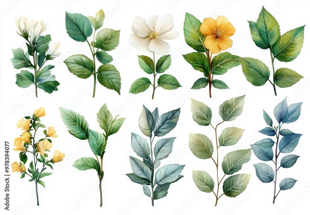 Watercolor Illustration of Yellow and White Flowers with Green Leaves Watercolor Illustration of Yellow and White Flowers with Green Leaves