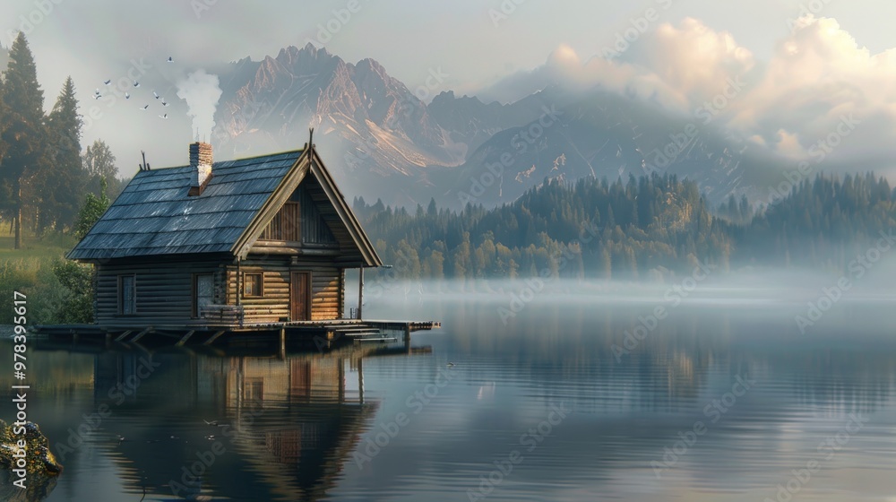 Obraz premium Cabin by the Lake at Sunrise