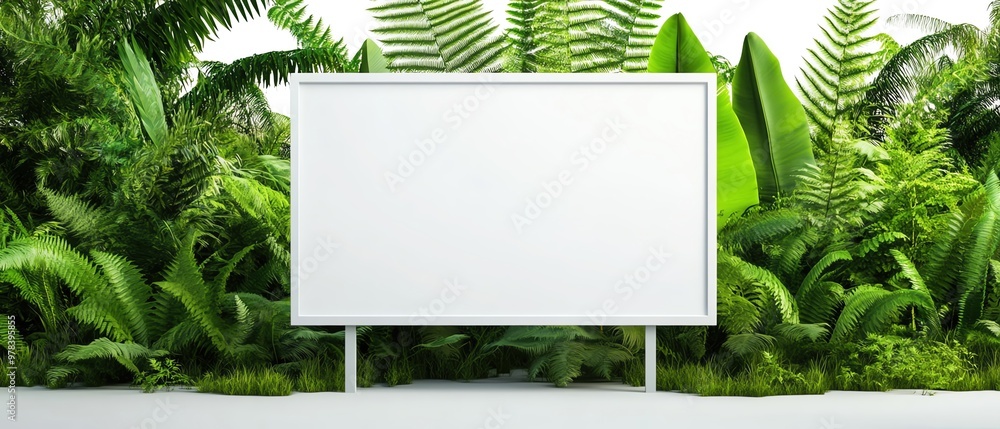 Blank billboard set against a lush green jungle background, perfect for advertising, promotions, or nature themes. Blank billboard set against a lush green jungle background, perfect for advertising, promotions, or nature themes.