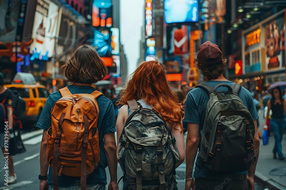 Three travelers with backpacks walking in a busy urban street. Three travelers with backpacks walking in a busy urban street.