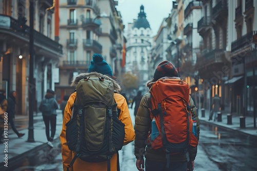 Two travelers with backpacks walking down a city street.