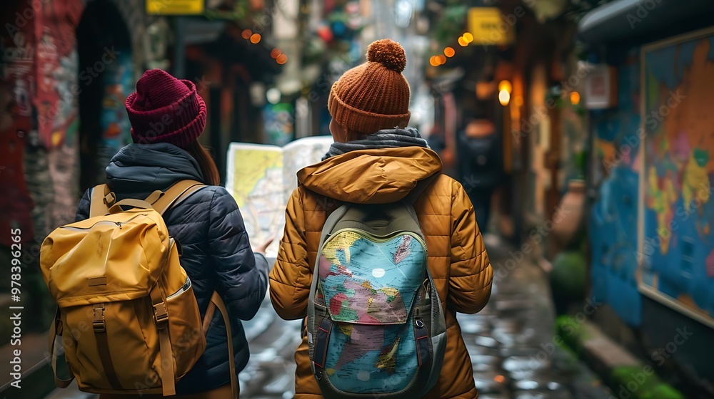 Obraz premium Two travelers exploring a vibrant alley with a map in hand.