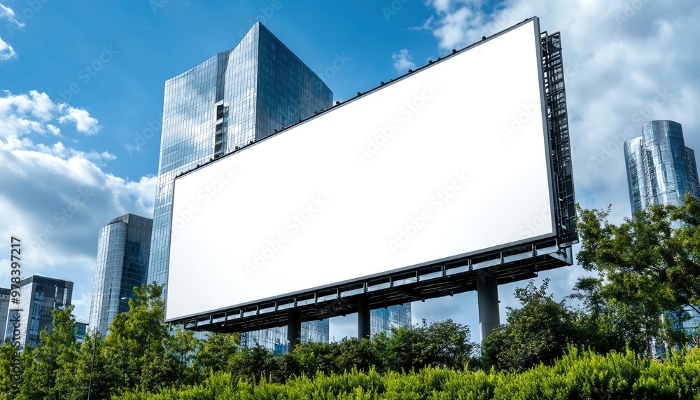 Large blank billboard against modern skyscrapers, ideal for advertisement mockups in a bustling urban setting. Large blank billboard against modern skyscrapers, ideal for advertisement mockups in a bustling urban setting.