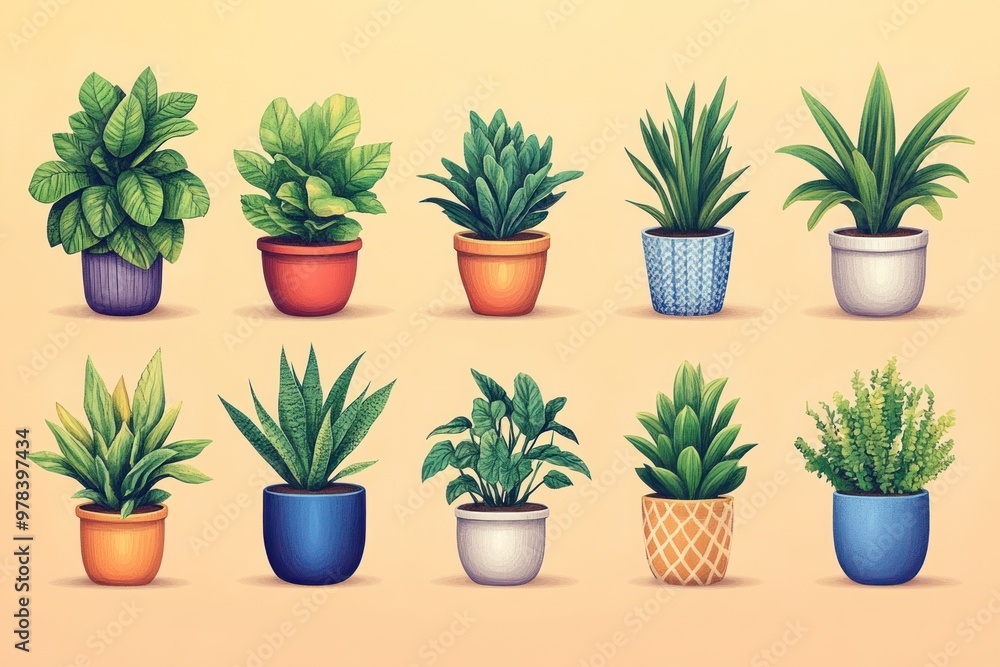 Potted Plants Illustration with Yellow Background Potted Plants Illustration with Yellow Background