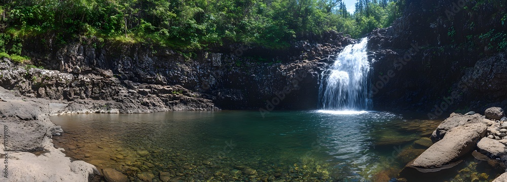 Naklejka premium 32. **A picturesque waterfall cascading down a rocky cliff into a clear pool below. The surrounding forest is lush and vibrant.