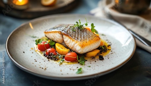 Grilled fish on a white plate with tomatoes, herbs and oil.