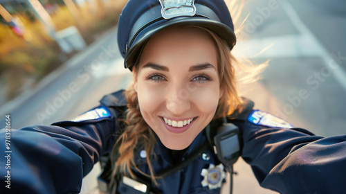 Police woman looking at camera and smiling concept. Policewoman in uniform taking selfie on mobile phone smartphone on street