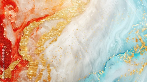 Vibrant Gemstone Abstract Background, a colorful blend of blue, red, and gold textures, featuring shiny yellow gems and luxurious marble veins, ideal for banners and creative designs.