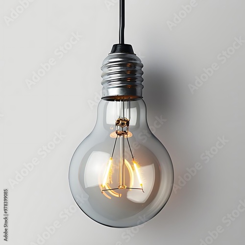 A glowing light bulb hanging against a plain background.