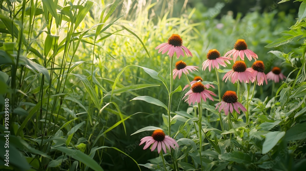 Lush naturalistic garden with coneflowers and tall grasses Lush naturalistic garden with coneflowers and tall grasses