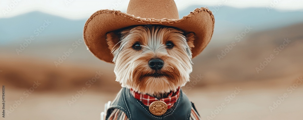 custom made wallpaper toronto digitalA charming dog dressed in cowboy hat and outfit, exuding playful spirit against scenic backdrop. This adorable pet captures essence of adventure and fun