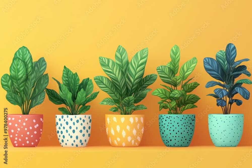 3D Illustration of Plants in Pots on a Yellow Background 3D Illustration of Plants in Pots on a Yellow Background