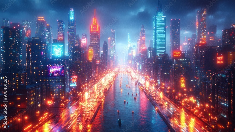 Neon Futuristic City Skyline at Night with Glowing Lights Generative AI Neon Futuristic City Skyline at Night with Glowing Lights Generative AI