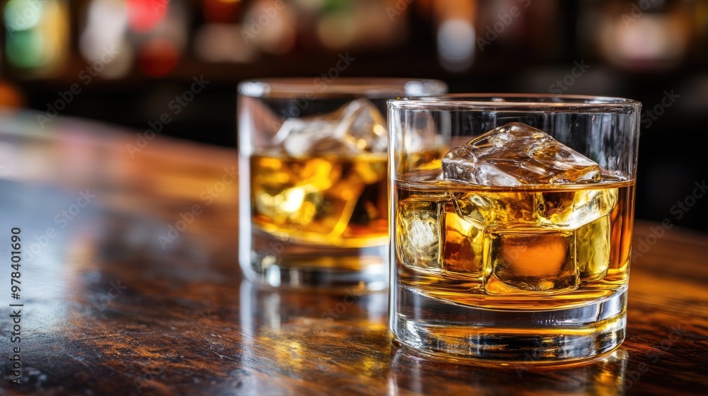 Glass of Scotch whiskey with ice cubes in a classic tumbler. Glass of Scotch whiskey with ice cubes in a classic tumbler.