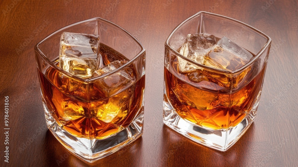 Glass of Scotch whiskey with ice cubes in a classic tumbler.